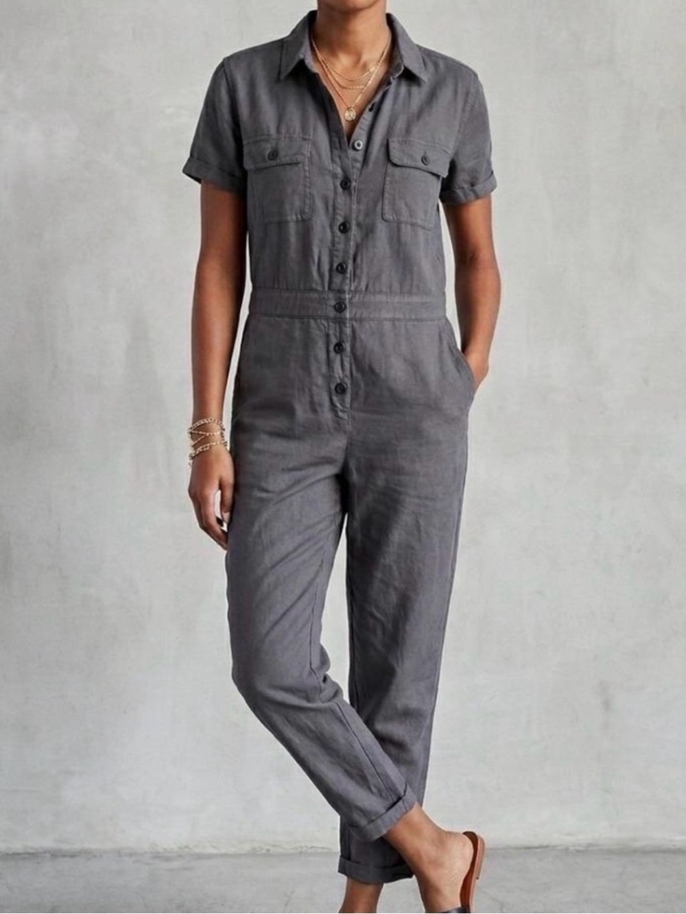 Outerknown SEA Jumpsuit Linen Blend Short Sleeve Grey Small